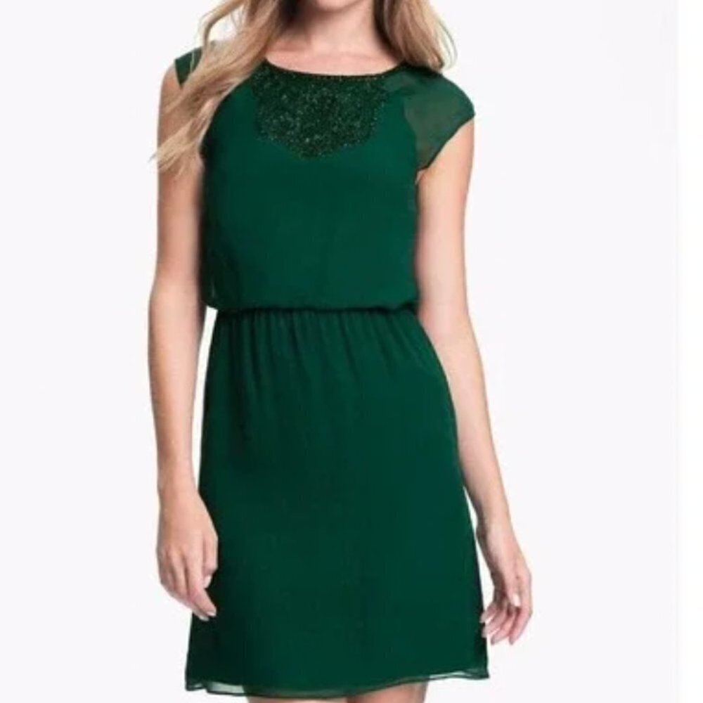 Trina Turk Green Silk Beaded Countess Blouson Mini Dress Size 6